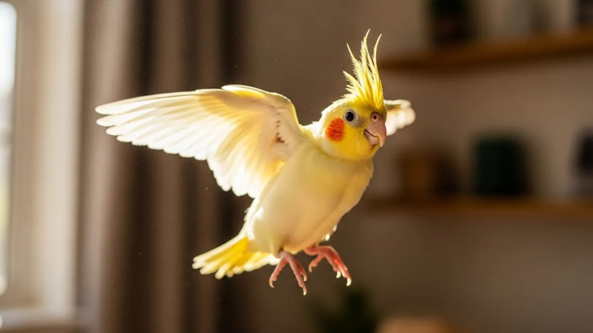 止まり木から初めて飛び立とうとするオカメインコの若鳥。生後1ヶ月の成長における最大のイベントである初飛行の瞬間。