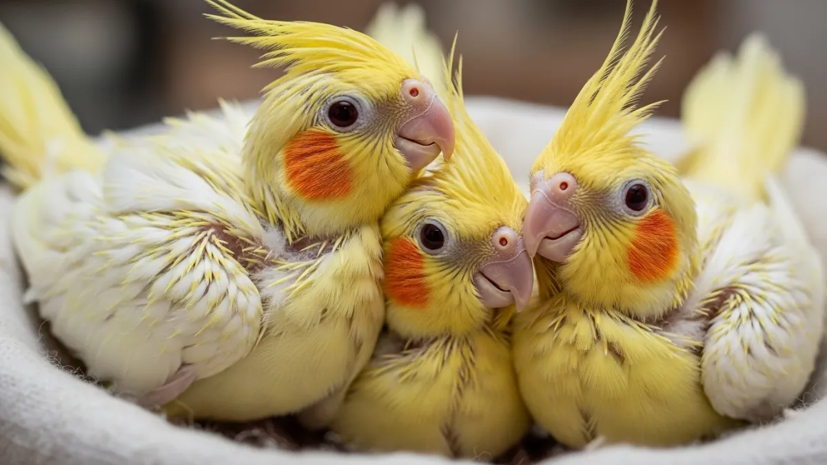 初めての換羽（雛換羽）を迎えたオカメインコの雛。この時期は体力を消耗するため、睡眠時間が一時的に長くなることもあるが、寝起きの良さで健康状態を判断することが重要。