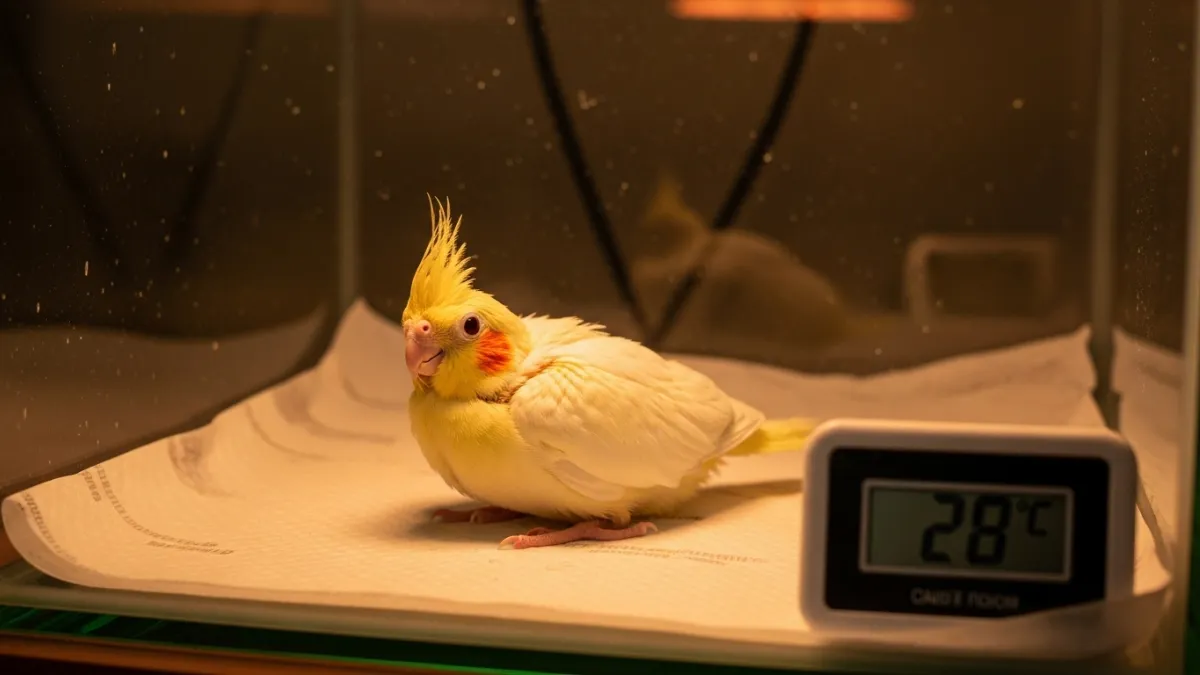 保温器具で温められるオカメインコの雛