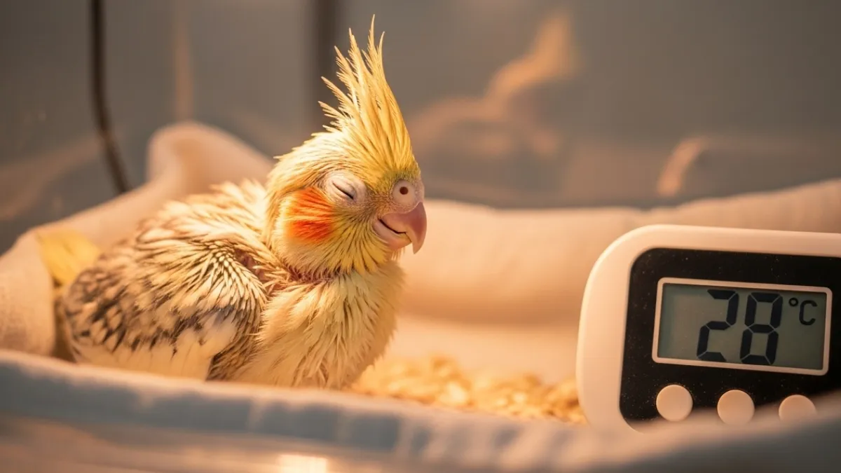 プラケースの中で保温されながら安心して眠るオカメインコの雛。お迎え後3日間は、挿し餌をしっかり食べていれば寝てばかりでも健康な証拠。
