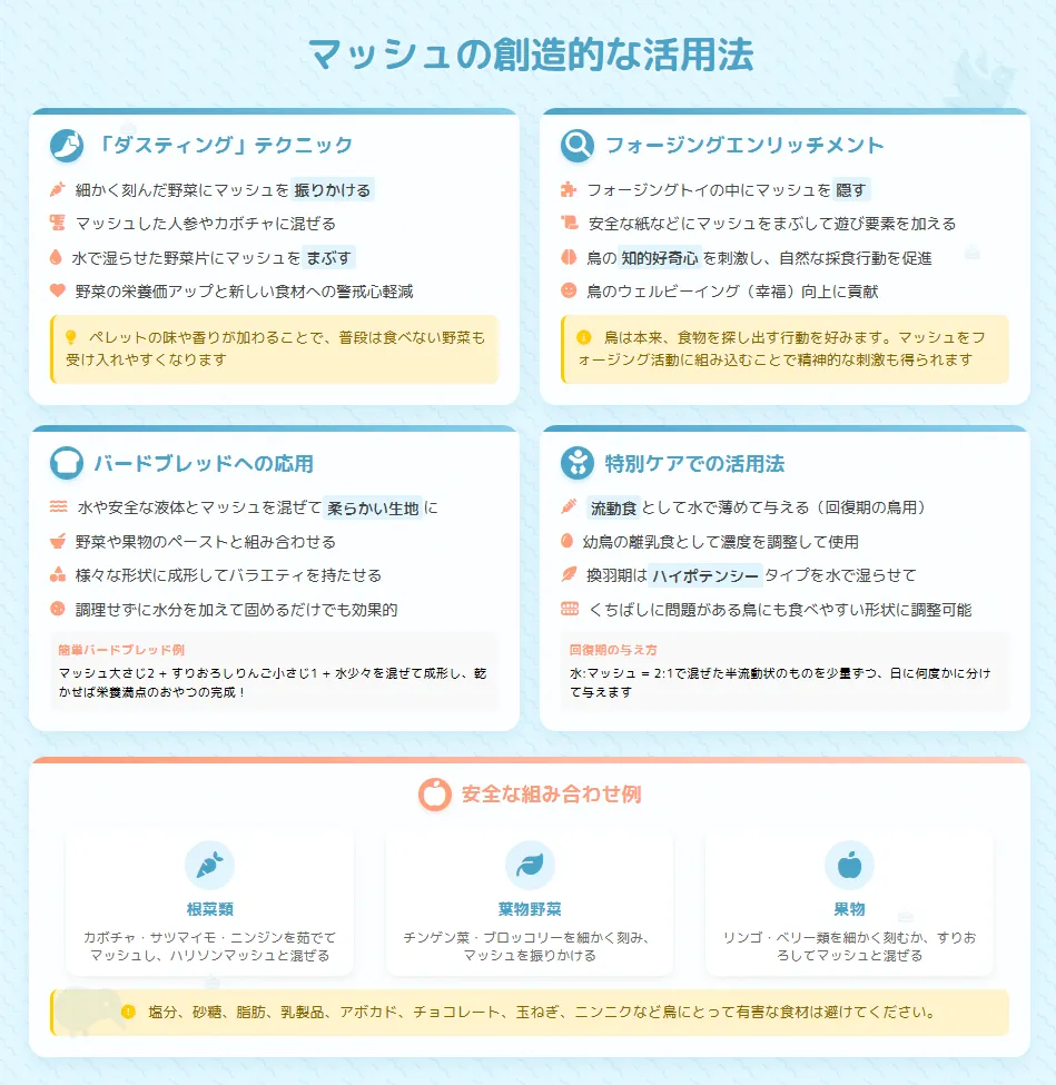 マッシュの応用テクニック。新鮮な野菜や果物へのダスティング、フォージング活動への応用、手作りバードブレッドへの活用など創造的な使い方で愛鳥の食事を豊かに
