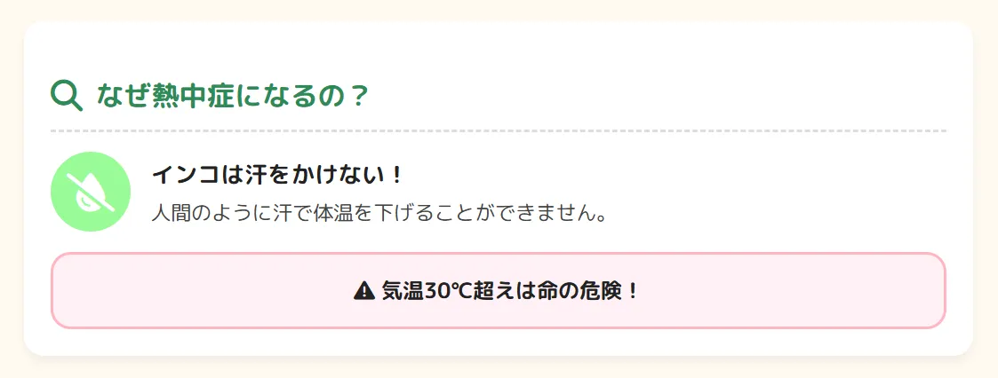 インコが熱中症になりやすい理由を示す図解。体が小さく体表面積の割合が大きいため環境温度の影響を受けやすく、直射日光や換気不良、高湿度、ヒナや高齢個体でリスク増加