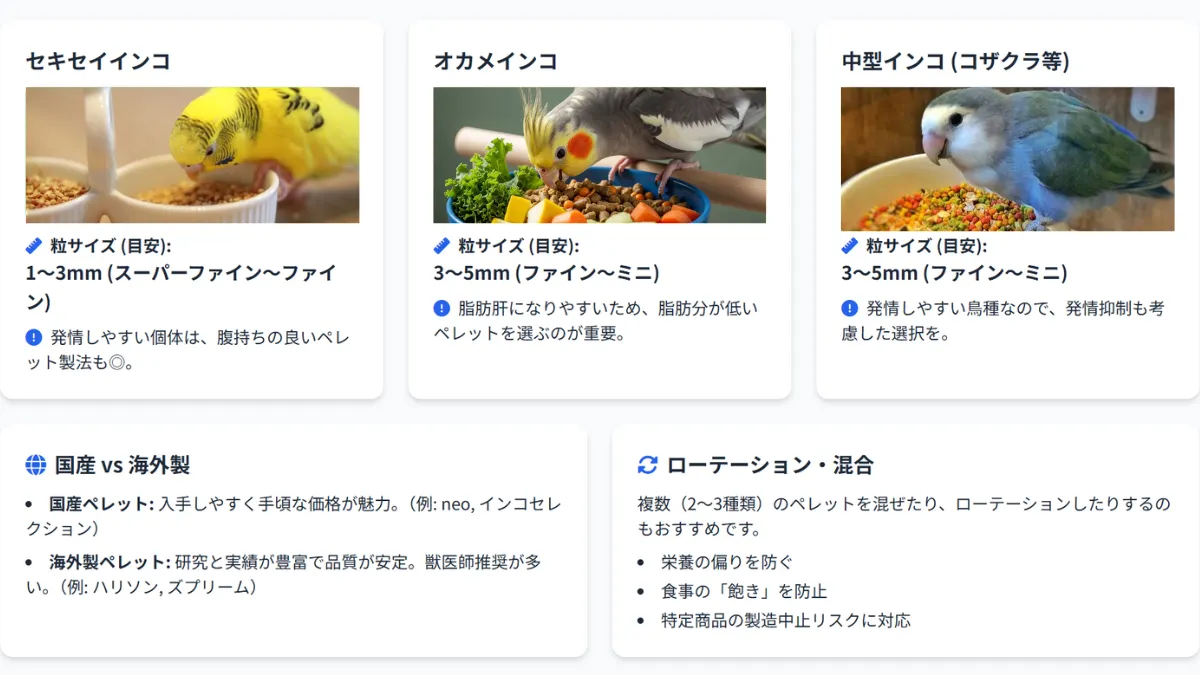 鳥種別ペレットサイズ選択チャート。セキセイインコ、オカメインコ、中型インコそれぞれに最適な粒サイズを図解
