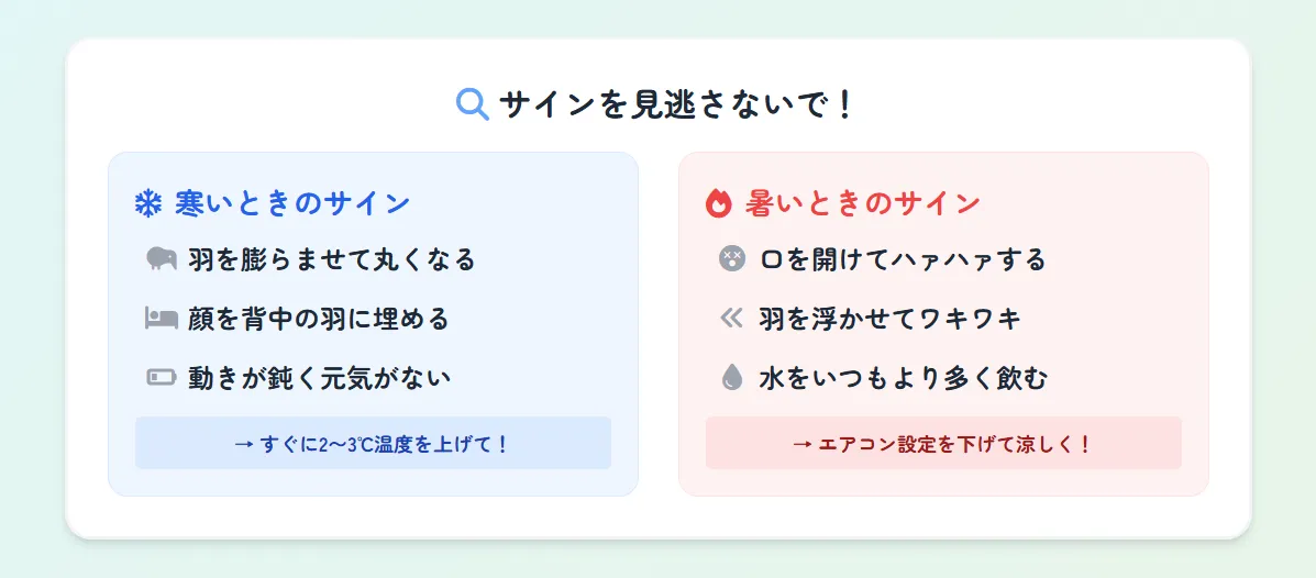 セキセイインコの寒がるサインと暑がるサインを比較。寒い時は羽を膨らませ、暑い時は口を開けてハァハァする様子を図解。