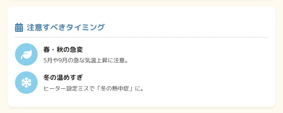 夏以外でも熱中症が起こることを示す図。春秋の急激な気温上昇や冬の過度な保温でも発症リスクがあり、一年を通じて温度管理が必要であることを解説