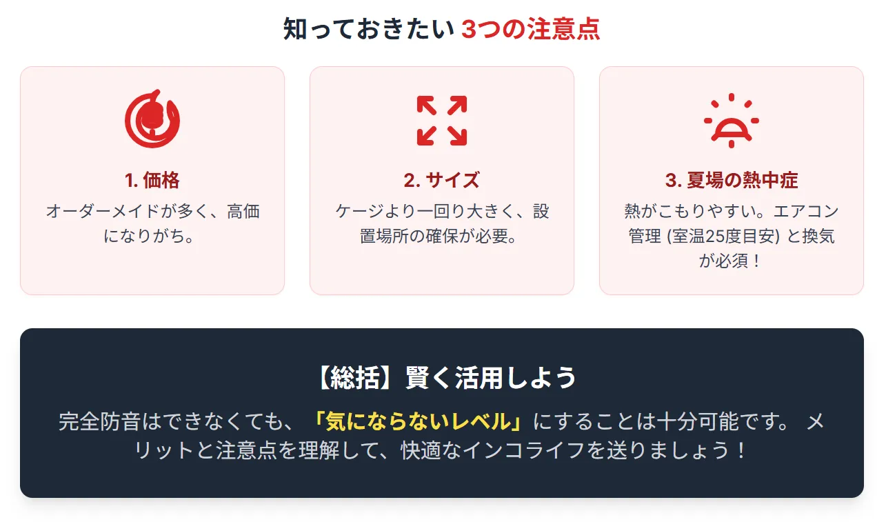防音対策の全体像を俯瞰した総括図。アクリルケース単体の効果、吸音材併用時の効果、部屋全体の対策まで段階的に図解