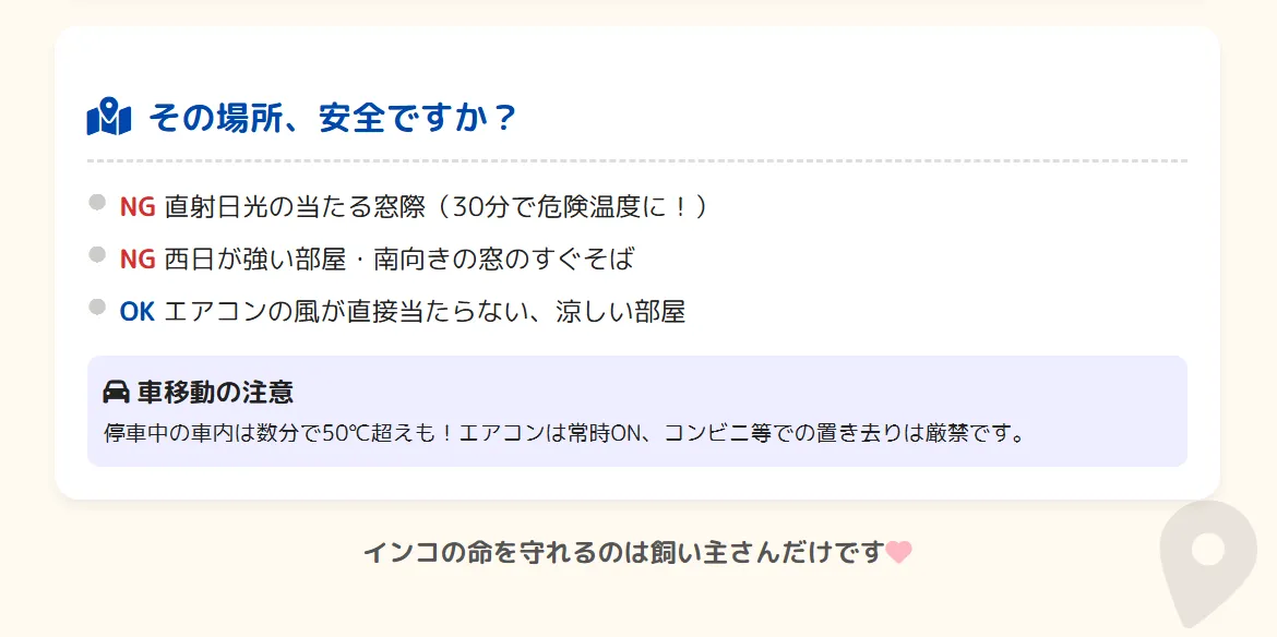 ケージ設置場所による熱中症リスクを示す図解。窓際や南向き部屋、直射日光が当たる場所は危険で、季節に応じた最適な場所への移動が必要であることを解説