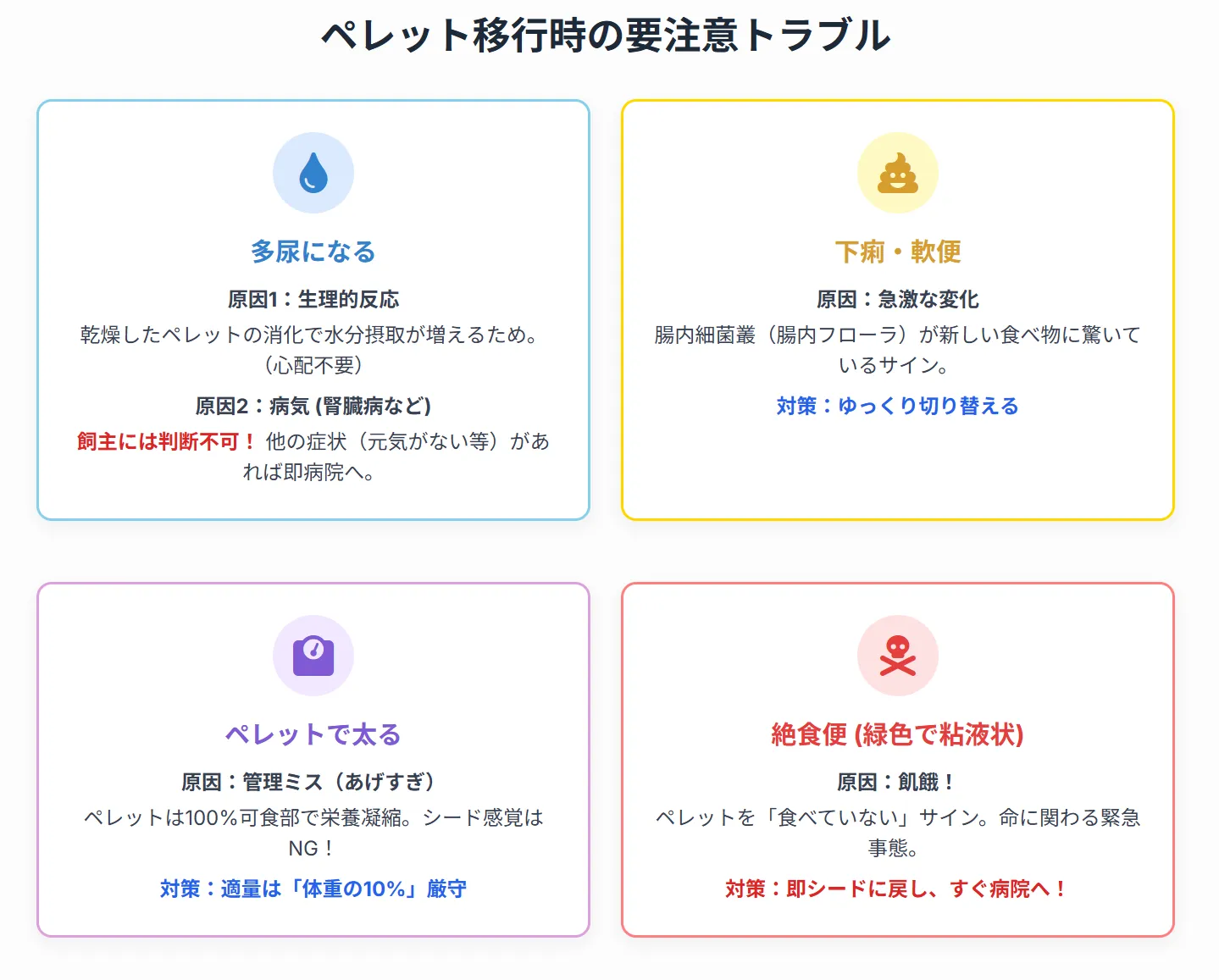 ペレット食後の多尿の原因と対処法を示すインフォグラフィック。生理的原因と病的原因の見極め方、適切な対応方法を図解で分かりやすく解説