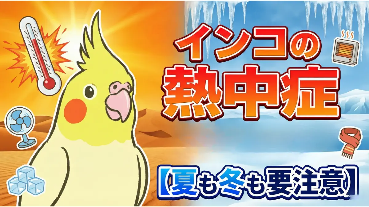 インコの熱中症予防の重要性を示す総括図。適切な温度管理による確実な予防、エアコンつけっぱなし、直射日光回避、新鮮な水の用意で熱中症リスクを大幅に低減