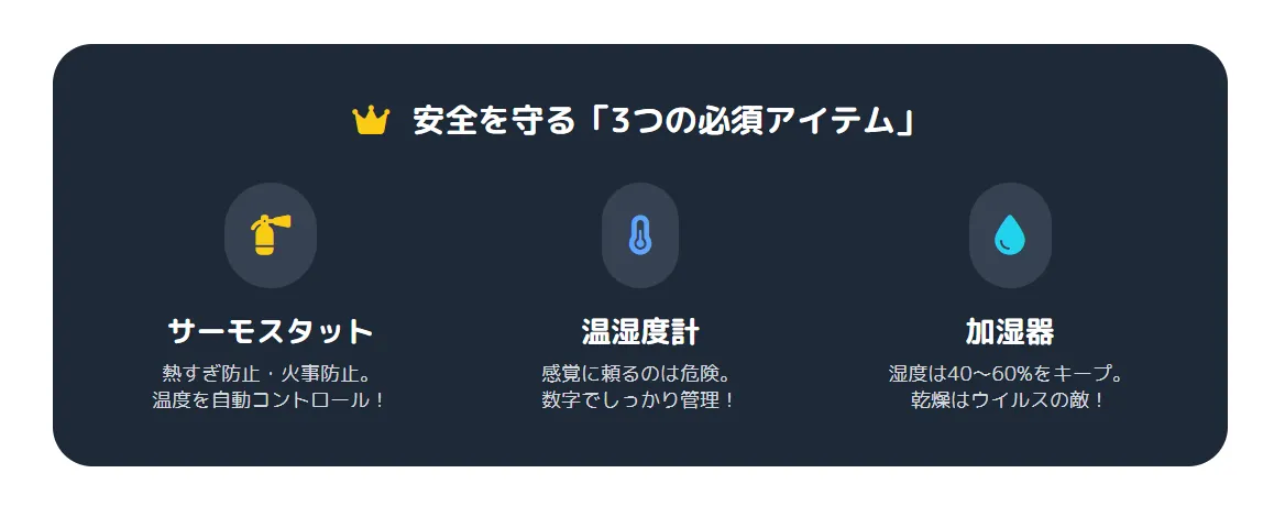 インコの保温に必須の補助アイテム3点。サーモスタット・温度計・加湿器の役割と正しい使い方を図解で説明