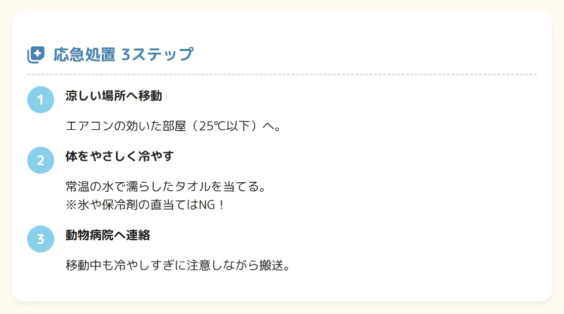インコの熱中症応急処置の手順を4ステップで示す図解。涼しい場所への移動、常温水で体を冷やす方法、水分補給、動物病院への連絡搬送までの流れを解説