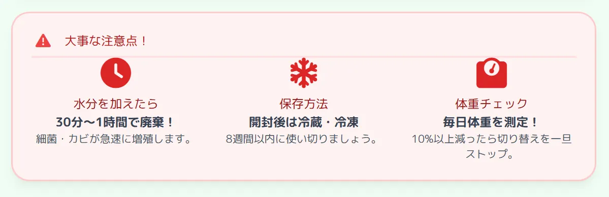 ハリソンマッシュの正しい保存方法。元の袋のまま空気を抜いて密封し、開封後8週間以内に使用。小分けにして冷凍保存すれば長期間品質を維持できる