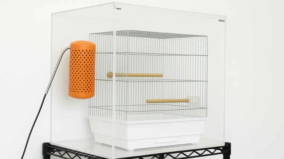 アクリルケース内に設置されたインコケージの画像。ヒーターと布カバーの距離が保たれ火事リスクが低減された保温環境を示す