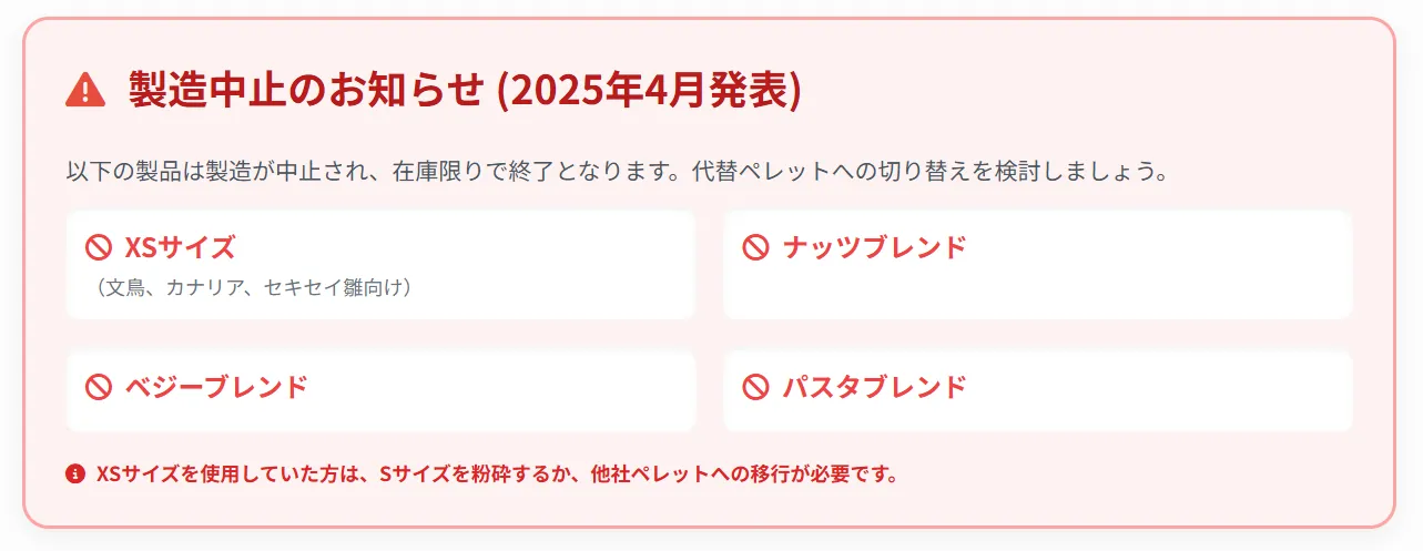 XSサイズ製造中止への対応方法。Sサイズを粉砕して代用する手順や他のペレットへの切り替え方法を図解