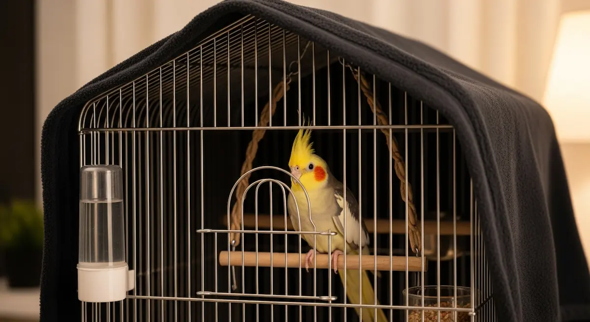 鳥かごカバーの総括イメージ。布製カバーと保温器具の併用で安全で効果的な保温を実現し、愛鳥が快適に冬を過ごせる環境を整えた理想的な飼育風景