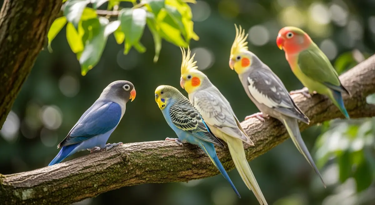 セキセイインコ、オカメインコ、コザクラインコの3種類の人気鳥種。それぞれの体格・くちばしサイズ・代謝速度に合わせた最適なラウディブッシュ製品の選び方