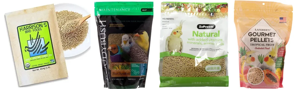 主要ペレットブランド4種（ハリソン・ラフィーバー・ラウディブッシュ・ズプリーム）の製品パッケージと特徴を示す比較画像。