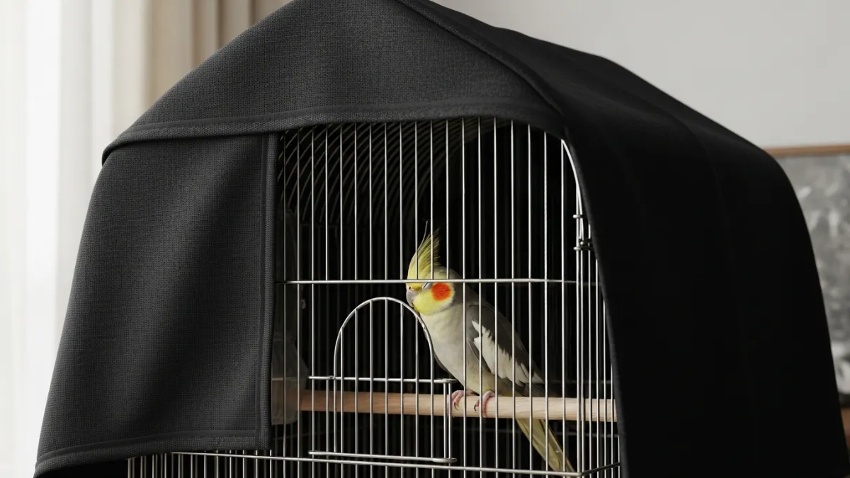 インコをケージカバーに慣れさせる4ステップのタイムライン図解。第1週は部分的に5分から開始、第4週は一晩中使用まで段階的に進める方法を1ヶ月スケジュールで解説。