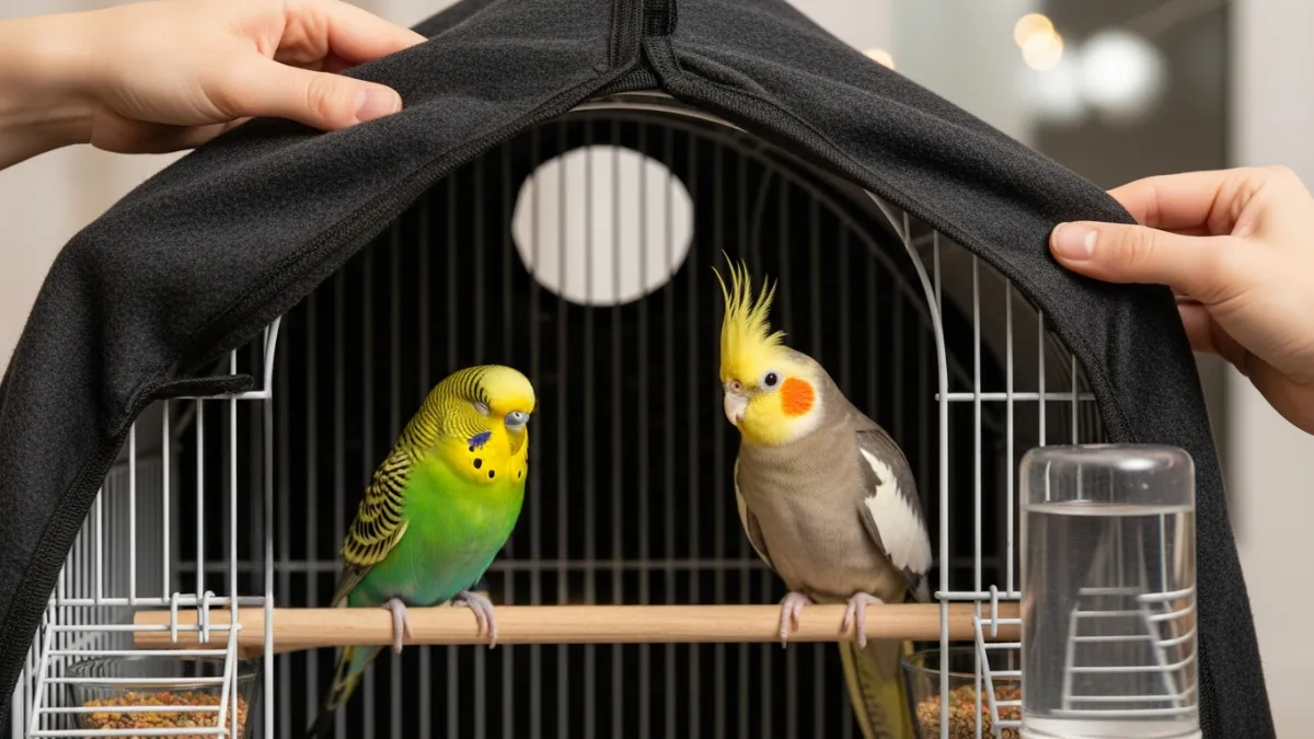 セキセイインコとオカメインコのケージサイズ別カバー選び方を示す比較図。HOEI35手のり37×41.5×54.5cmとHOEI465オカメ46.5×46.5×58cmに最適な推奨カバーサイズと素材を図解。