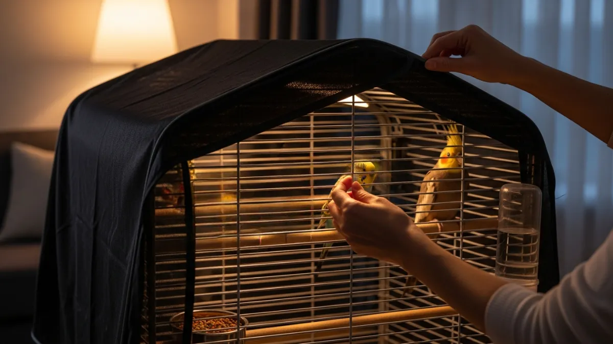 インコのケージにカバーをかけている様子。セキセイインコとオカメインコが安心して眠れる遮光カバー設置例で、夜間パニック防止と健康的な睡眠環境づくりを実現。
