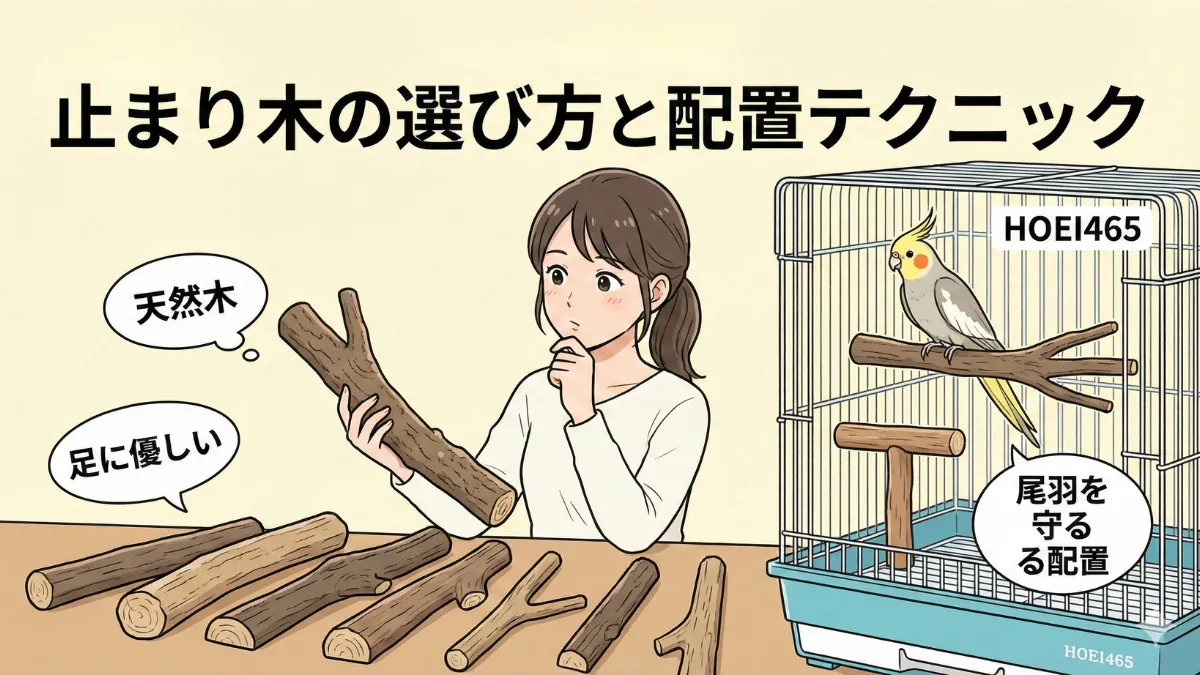 止まり木の選び方と配置テクニックを提示したイラスト