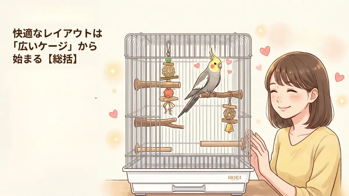 オカメケージにオカメインコが入っている画像。広々とした空間で伸び伸び過ごす様子