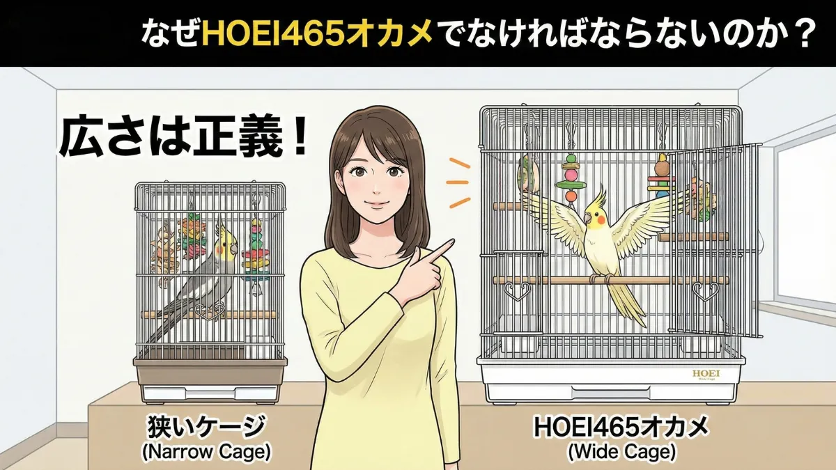 オカメケージの外観。オカメインコに最適な広さと高さを持つケージの全体像