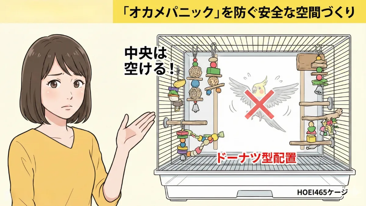 「オカメパニック」を防ぐ安全な空間づくりを示すイラスト