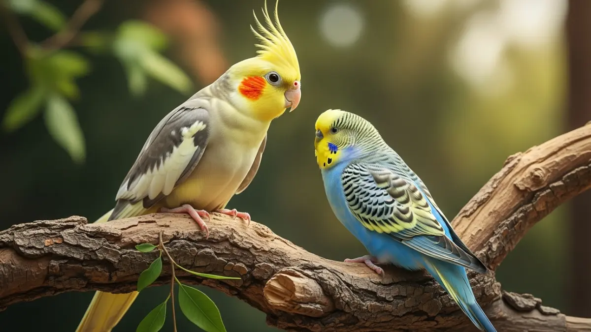 自然木の止まり木に止まるオカメインコとセキセイインコ。複数の太さの止まり木が足の健康を守り、快適な生活環境を実現