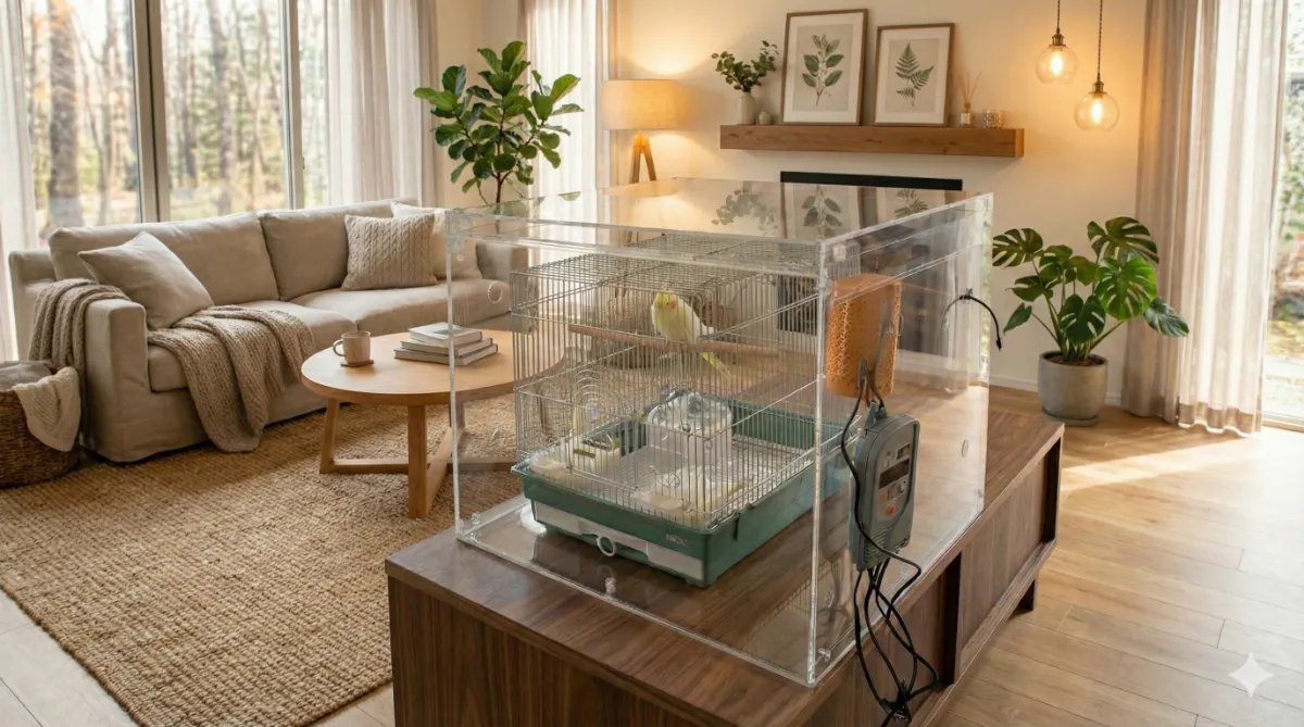 オカメインコが快適に過ごせる温度環境を整えた理想的な飼育環境のイメージ図