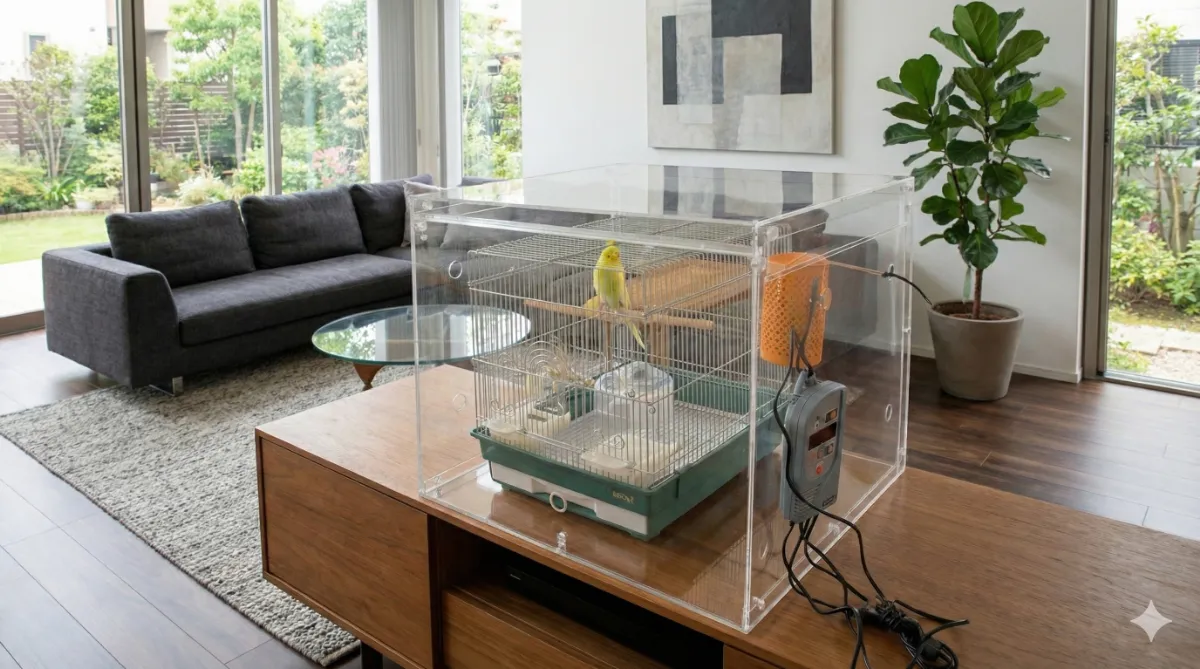 セキセイインコが快適に過ごす温度管理された環境。適温の室内で元気に過ごすセキセイインコのイラスト。