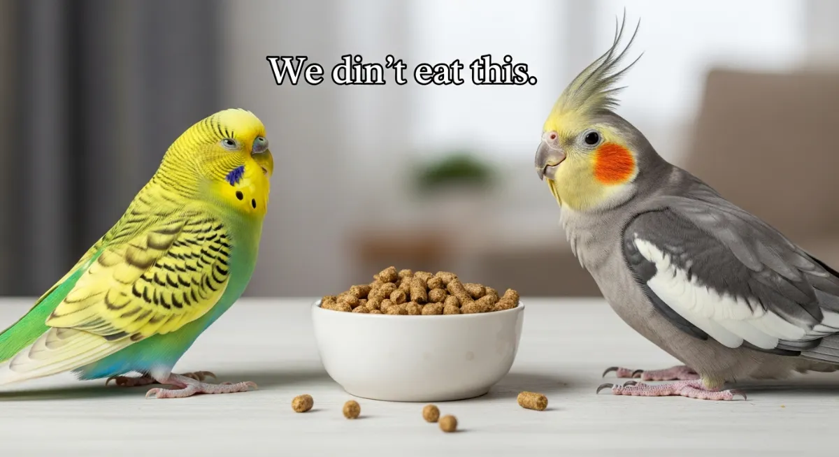 シードとペレットの食べ方の違いを示す比較画像。シードは皮をむいて中身を食べる、ペレットはそのまま食べる形状で、認識の問題を解説。