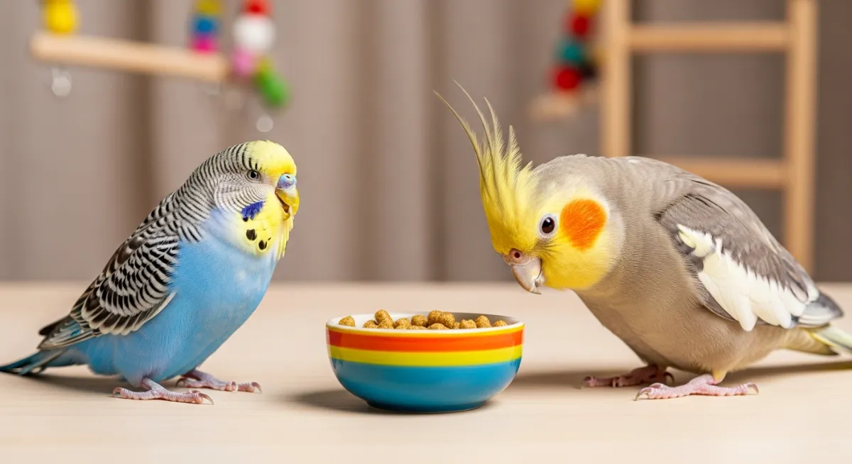 ペレット切り替え成功のイメージ。インコとペレット、体重計、観察ノートなどが配置された総括的な画像。