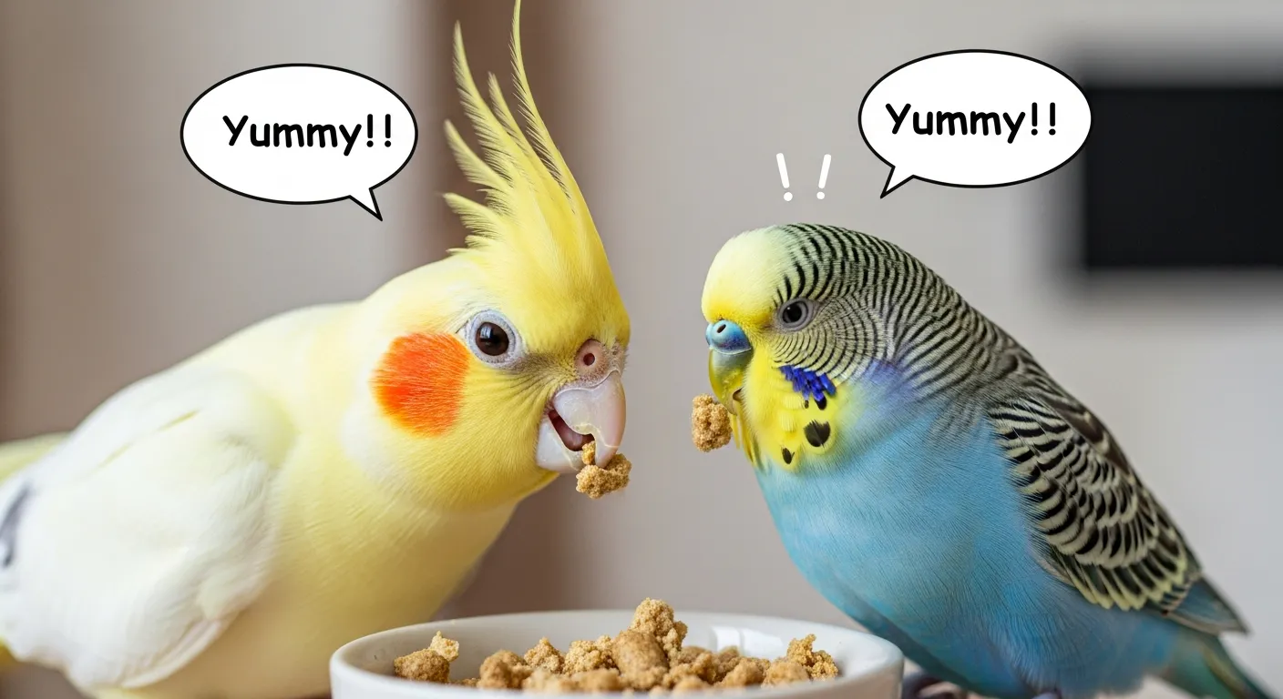 インコとペレットの画像。健康で長生きする愛鳥との幸せな毎日を表現したイラスト。