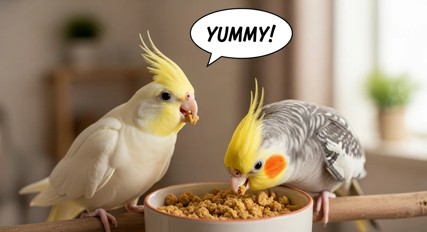 オカメインコがファインサイズのハリソンペレットを食べている様子。適正サイズで満足感のある食事