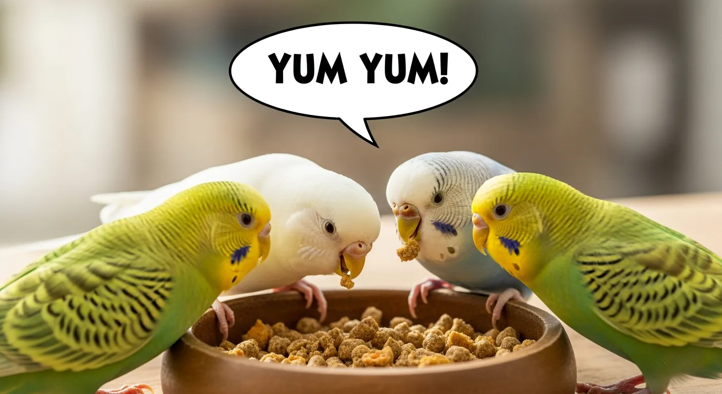 新しいペレットへの切り替え成功を喜ぶインコのイメージ画像。ピンチをチャンスに変えてより良い食事へ。