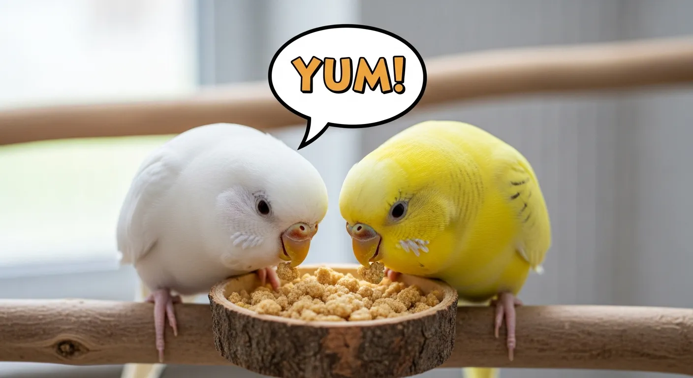 セキセイインコがスーパーファインサイズのハリソンペレットを食べている様子。小さな粒が食べやすい