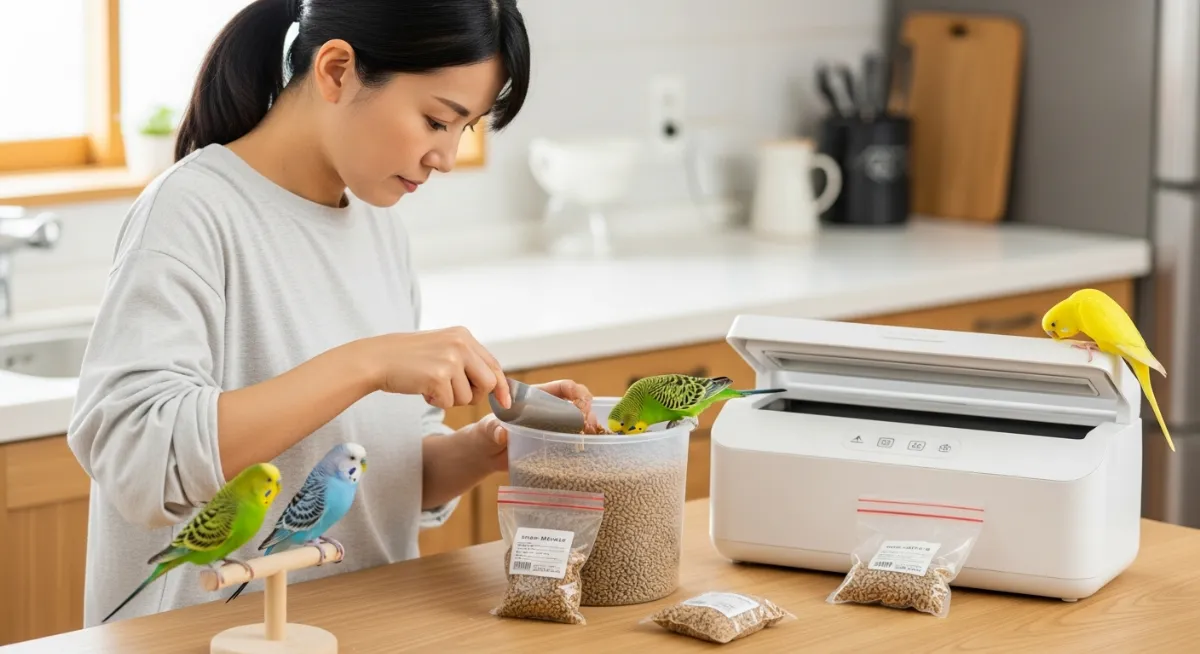 ハリソンペレットを小分けして真空パッキングしているセキセイインコの飼い主