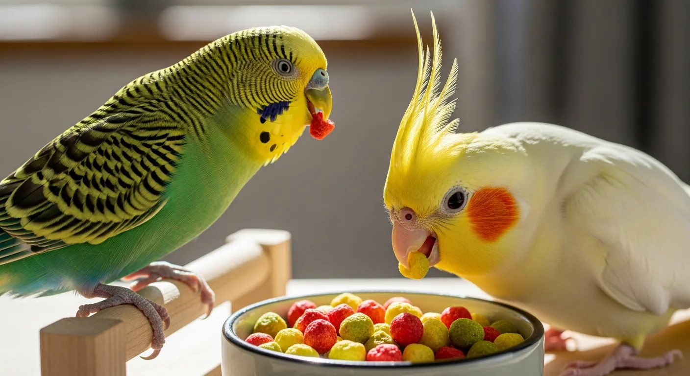 フルーツペレットを美味しそうに食べているセキセイインコとオカメインコの画像。