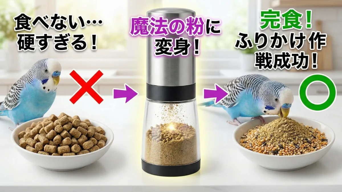 電動ミルでペレットをすり潰してパウダー状にし、シードにまぶす切り替えテクニックを示す画像。