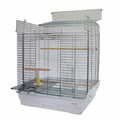 HOEI465オカメのメッキ（ホワイト塗装）ケージ。白い塗装が施された鳥かごの全体像。