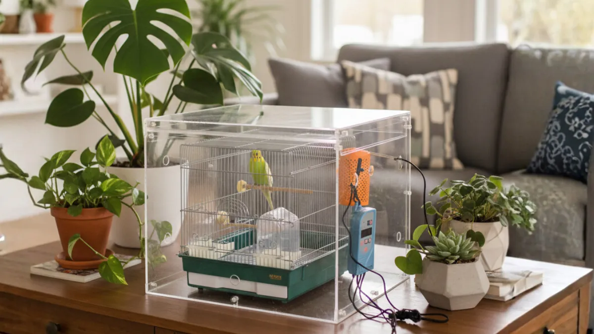 バードモアアクリルケースを使用した理想的な飼育環境のイメージ。快適そうに過ごす鳥とクリーンな部屋の様子を示す写真。