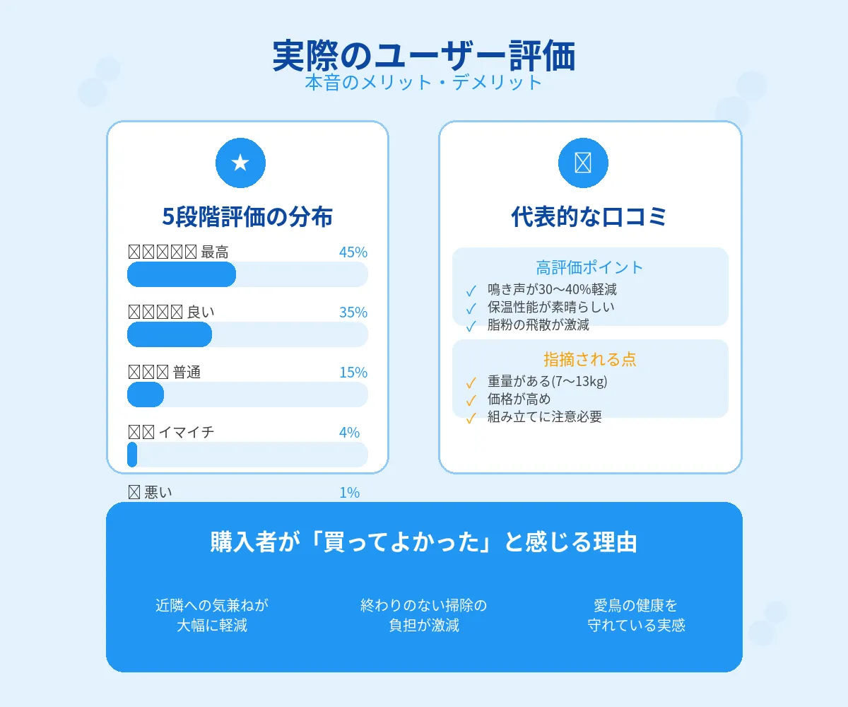 バードモアアクリルケースのユーザー評価を示すグラフ。5段階評価の分布を棒グラフで表示し、高評価が多い一方で重量や価格への指摘も見られることを示す。