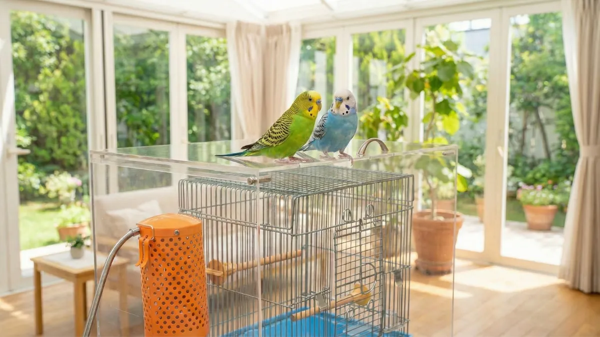 アクリ屋のバードケージケースを使用している様子。透明度が高くインコが見やすく、扉が天井にスライド収納されている状態を示す画像。