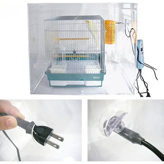 バードモアWIDEシリーズのヒーター外付け設置イメージ図。ケージとアクリルケースの間に設けられた空間にヒーターを配置し、鳥が直接触れない安全設計を示す。