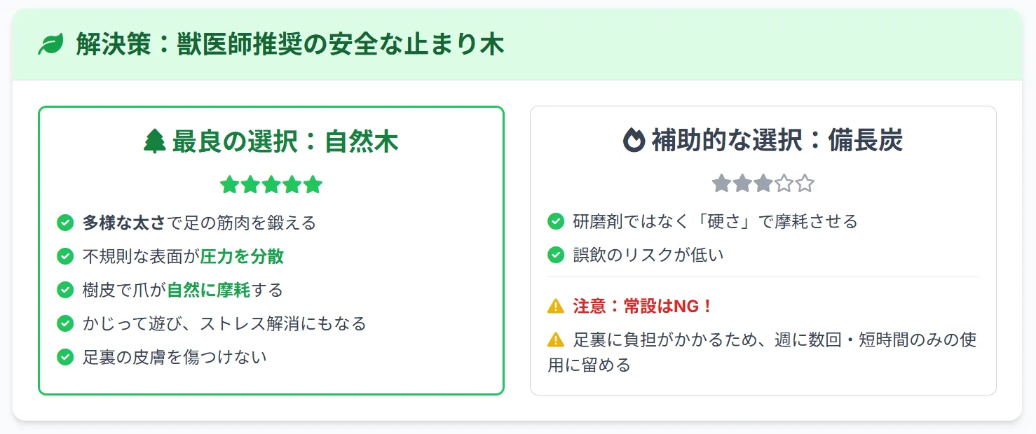 インコに最適な自然木止まり木の選び方を示すインフォグラフィック。樹皮付き自然木の5つのメリットと配置方法を図解