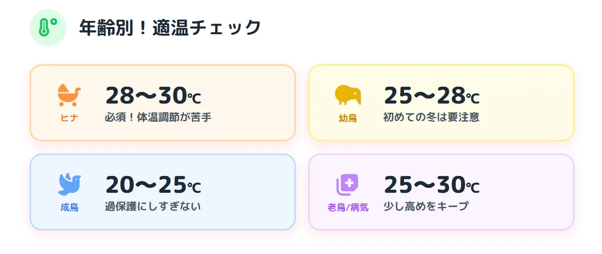 インコの保温が必要な理由を示す図。温暖な原産地から来たインコが日本の冬に適応するには適切な温度管理が不可欠であることを解説