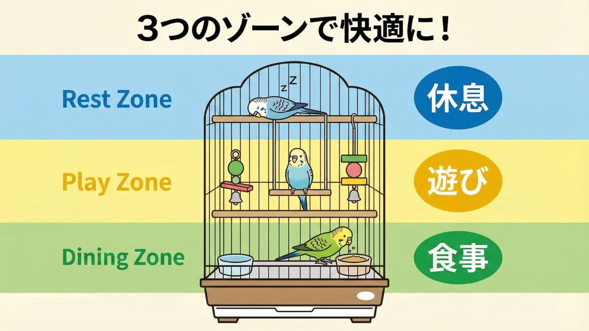 セキセイインコのケージを食事・休息・遊びの3つのゾーンに分ける基本レイアウトを示した図解