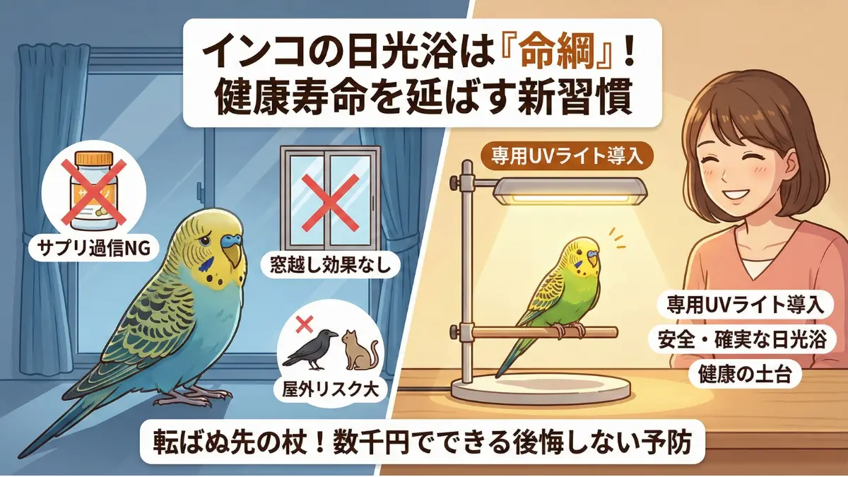 インコの健康寿命を延ばすために日光浴ライトが必要であることを示す画像。室内での安全な日光浴習慣の重要性を表現