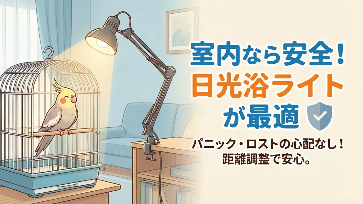 室内で日光浴ライトを使用するオカメインコの安全な環境。臆病な性格でもストレスなく紫外線を浴びられる。